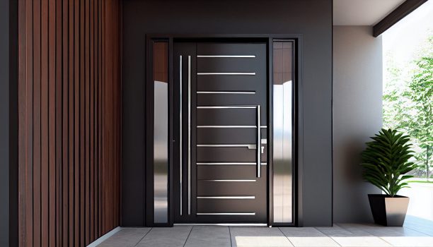 Designer entrance door to a country house. Modern design. luxurious exterior and backside garden. Ai generative